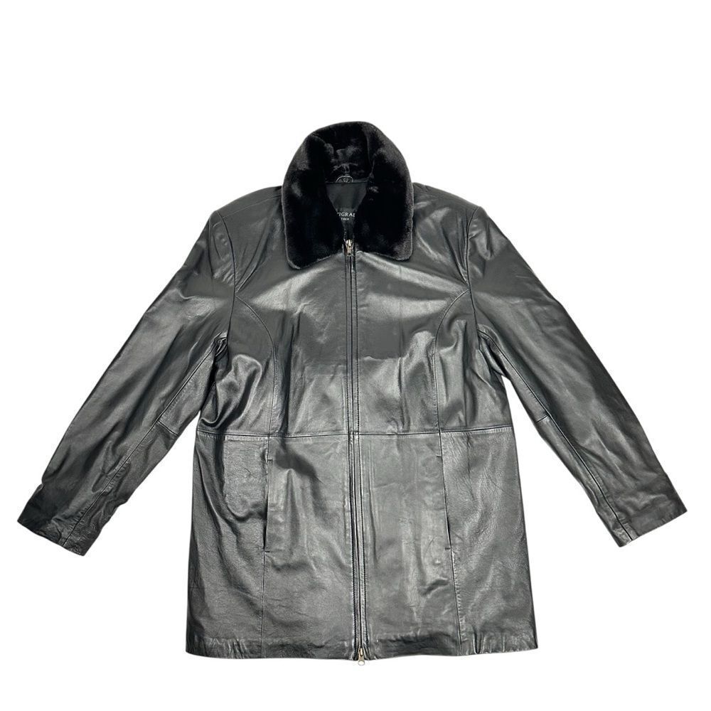 Centigrade Women's Large Black Leather Coat Jacket Removable Collar Excellent